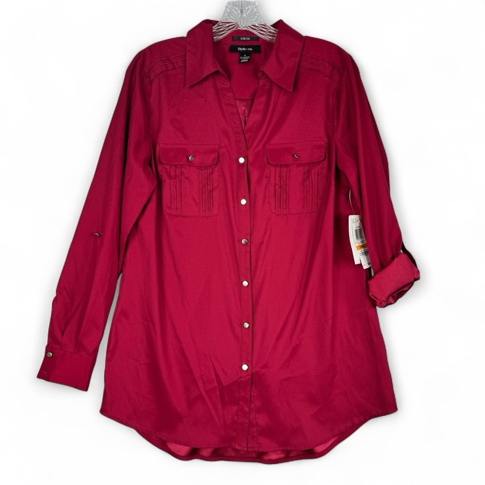 Style Co Button Down Top Womens Small Dark Red Long Roll Tab Sleeves Stretch